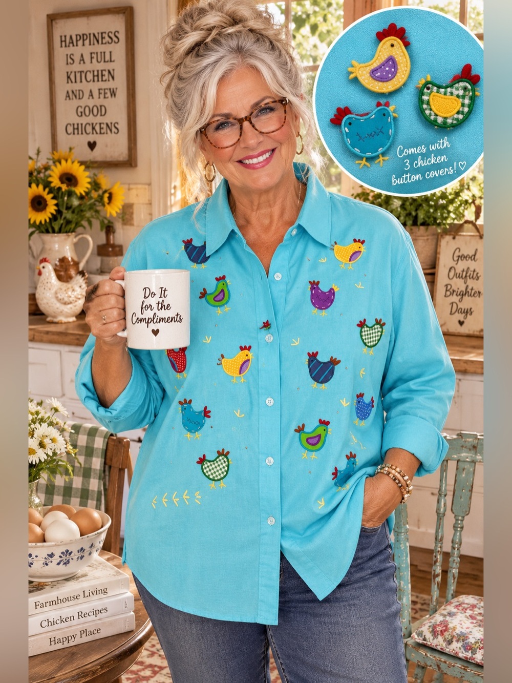 Quacker Factory Turquoise Chicken Embroidered Button-Up Shirt